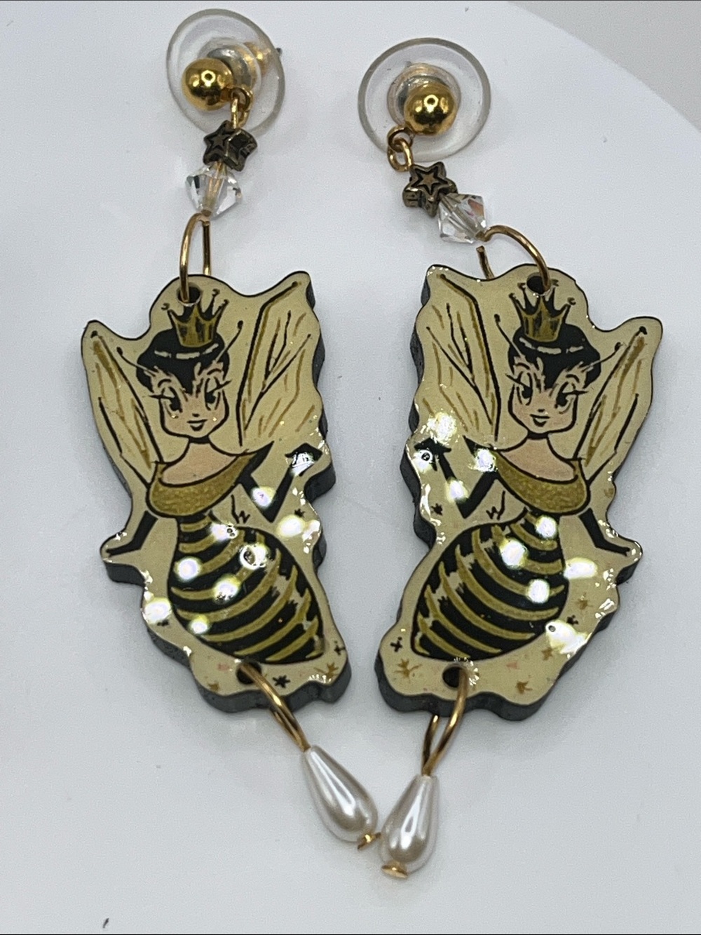 Rare Designs From The Deep Gold Queen Bee Fairy Dangle Earrings & Brooch - Picture 7 of 7